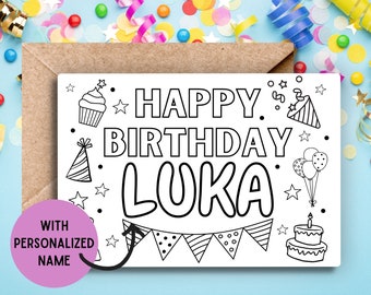 May include: A black and white coloring page with the text "Happy Birthday Luka" and various birthday-themed illustrations, including a cupcake, party hats, balloons, and a cake. The page is designed for personalization with a name.