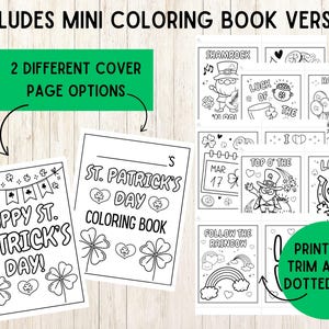 May include: Black and white printable coloring book pages featuring St. Patrick's Day themed illustrations. The pages include shamrocks, leprechauns, rainbows, and the text "Happy St. Patrick's Day!" and "St. Patrick's Day Coloring Book".