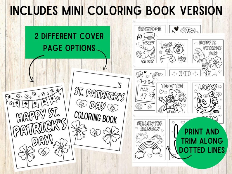 May include: Black and white printable coloring book pages featuring St. Patrick's Day themed illustrations. The pages include shamrocks, leprechauns, rainbows, and the text "Happy St. Patrick's Day!" and "St. Patrick's Day Coloring Book".