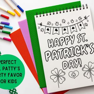 May include: A black and white coloring page featuring a St. Patrick's Day theme. The page includes the text "Happy St. Patrick's Day!" and images of shamrocks and a banner.