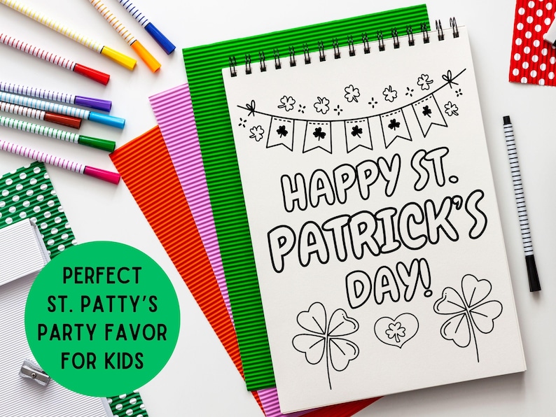May include: A black and white coloring page featuring a St. Patrick's Day theme. The page includes the text "Happy St. Patrick's Day!" and images of shamrocks and a banner.