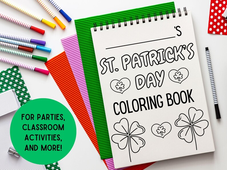 May include: A white coloring book with a black and white illustration of a shamrock and the text "St. Patrick's Day Coloring Book".