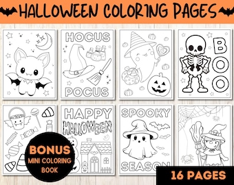 Op de afbeelding: Een set van 16 zwart-wit Halloween kleurplaten met verschillende griezelige karakters en thema's, waaronder een vleermuis, een heks, een spook, een skelet en een pompoen. De pagina's zijn getiteld "Hocus Pocus", "Happy Halloween", "Spooky Season" en "Boo".