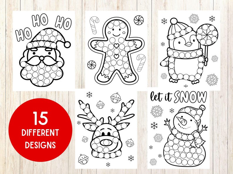May include: A set of 5 black and white printable Christmas dot marker activity sheets featuring Santa, a gingerbread man, a penguin, a reindeer, and a snowman. The text "Ho Ho Ho" and "Let it Snow" are included on the sheets.