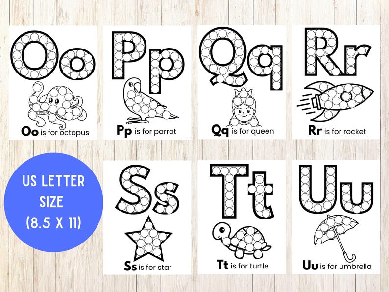 Op de afbeelding: Een set zwart-witte alfabet-stippelwerkbladen met de letters O tot en met U. Elke pagina toont een hoofdletter en kleine letter gevuld met cirkels, vergezeld van een bijbehorende illustratie en tekst zoals Oo is for octopus.