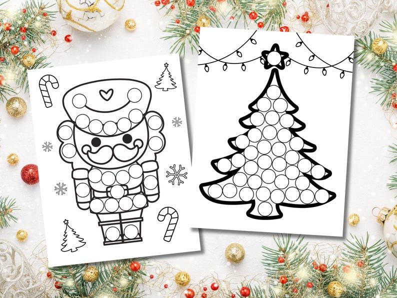 May include: Black and white printable Christmas-themed dot-to-dot activity sheets featuring a nutcracker and a Christmas tree. The sheets are designed for children to practice their fine motor skills and counting.