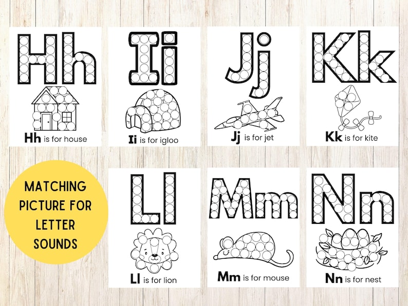 Op de afbeelding: Een set educatieve alfabetwerkbladen met de letters H tot en met N. Elke pagina toont een grote letter en een bijbehorend object, zoals een huis, iglo, straaljager, vlieger, leeuw, muis en nest, allemaal ontworpen met stippen om in te kleuren.