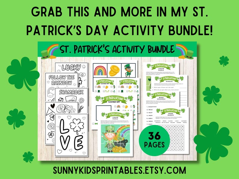 May include: A printable St. Patrick's Day activity bundle with 36 pages of games, puzzles, and coloring pages. The bundle includes a shamrock coloring page, a follow the rainbow activity, a lucky word search, and a St. Patrick's Day word scramble.