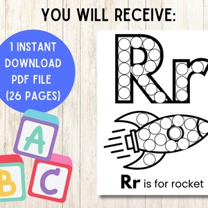 Op de afbeelding: Een printbaar activiteitenblad met de letter R en een raketillustratie met cirkelvormige contouren voor stiftmarkers. De tekst bevat YOU WILL RECEIVE: 1 INSTANT DOWNLOAD PDF FILE (26 PAGES) en Rr is for rocket, naast drie alfabetblokken.