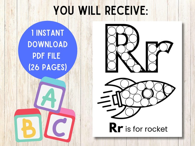 Op de afbeelding: Een printbaar activiteitenblad met de letter R en een raketillustratie met cirkelvormige contouren voor stiftmarkers. De tekst bevat YOU WILL RECEIVE: 1 INSTANT DOWNLOAD PDF FILE (26 PAGES) en Rr is for rocket, naast drie alfabetblokken.