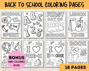 May include: A set of 18 black and white coloring pages featuring back to school themes. The pages include images of a school bus, lunchbox, books, and more. The text "Back to School Coloring Pages" and "18 Pages" are included in the image.