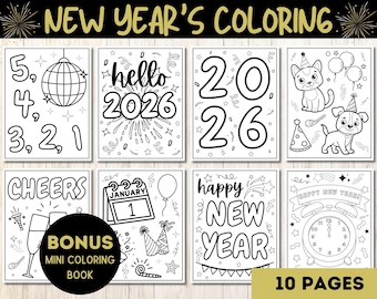 New Year's Coloring Pages, 2026 Coloring, New Year's Eve Kids Activity, Preschool New Years Craft, New Year's Classroom Activity
