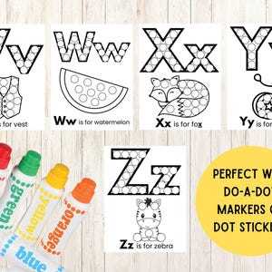 Op de afbeelding: Een set educatieve alfabetwerkbladen met de letters V tot en met Z, voorzien van stippatronen voor Vv vest, Ww watermeloen, Xx vos, Yy jojo en Zz zebra. Vijf gekleurde stiftmarkers in rood, groen, geel, oranje en blauw zijn inbegrepen.