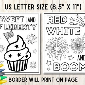 Op de afbeelding: Twee printbare kleurplaten voor 4 juli. De eerste pagina toont een cupcake met sterren en de tekst "Sweet Land of Liberty". De tweede pagina toont vuurwerk en de tekst "Red White and Boom".