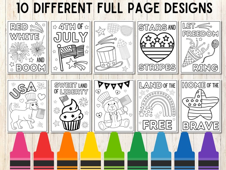 Op de afbeelding: Tien zwart-witte kleurplaten met patriottische thema's voor 4 juli. De pagina's bevatten afbeeldingen van vuurwerk, sterren, strepen, een cupcake, een teddybeer, een hond en een regenboog. De tekst op de pagina's is "Red White and Boom", "4th of July", "Stars and Stripes", "Let Freedom Ring", "USA", "Sweet Land of Liberty", "Land of the Free" en "Home of the Brave".