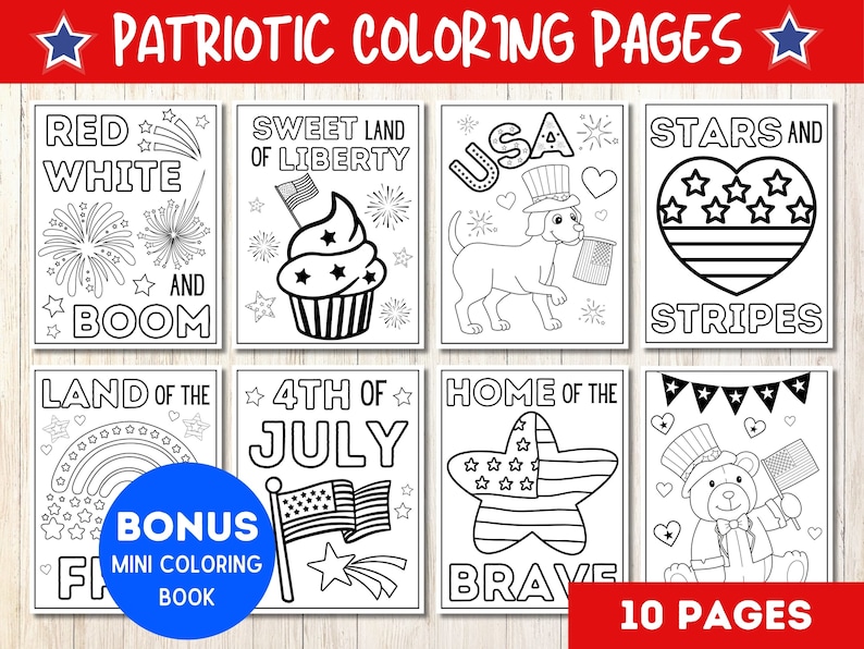 Op de afbeelding: Tien zwart-witte kleurplaten met patriottische thema's, zoals vuurwerk, sterren en strepen, en 4 juli. De pagina's zijn ontworpen om door kinderen in te kleuren.