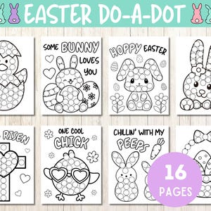 Peut inclure: Un ensemble de 16 pages d'activités de type "do-a-dot" imprimables sur le thème de Pâques, avec différents motifs, notamment un poussin, des lapins et une croix. Les pages sont en noir et blanc et comportent des cercles que les enfants peuvent colorier avec des marqueurs à points.