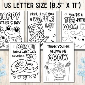 May include: Five printable Mother's Day cards featuring black and white illustrations of a frog, waffle, teapot, donut, and a watering can with flowers. The cards have fun sayings like "Hoppy Mother's Day", "I Donut Know What We'd Do Without You", and "Mom, I Love You A Waffle Lot".