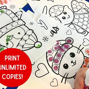 May include: Three printable coloring pages featuring a snowman, an angel, and a cat. Each page has a dotted outline for children to color in with paint or markers. The text "PRINT UNLIMITED COPIES!" is visible in the lower left corner of the image.