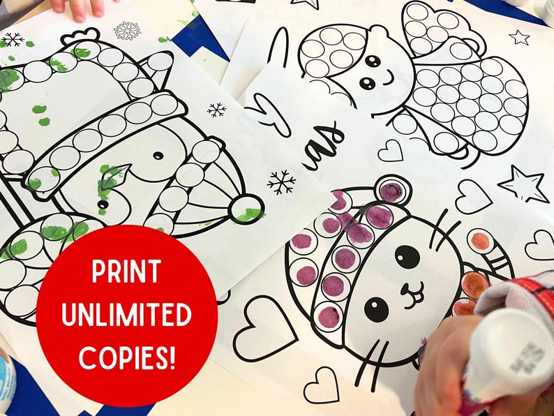 May include: Three printable coloring pages featuring a snowman, an angel, and a cat. Each page has a dotted outline for children to color in with paint or markers. The text "PRINT UNLIMITED COPIES!" is visible in the lower left corner of the image.