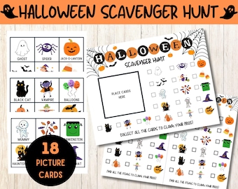 May include: A printable Halloween scavenger hunt game with 18 picture cards. The game board has a black and white spider web design with the words "Halloween Scavenger Hunt" in black and white text. The game board has a place to put the picture cards and a checklist of items to find. The picture cards have a variety of Halloween characters and objects, including a ghost, spider, jack-o-lantern, black cat, vampire, balloons, mummy, Frankenstein, haunted house, and a witch's hat.