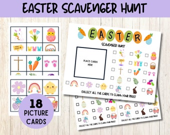 May include: An Easter scavenger hunt game with 18 picture cards. The cards feature various Easter-themed images, such as a bunny, eggs, carrots, and a rainbow. The game includes a checklist for players to mark off the cards they find.