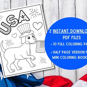 Op de afbeelding: Een zwart-witte kleurplaat met een hond die een hoed met sterren en strepen draagt en een kleine Amerikaanse vlag vasthoudt. Het woord "USA" staat in grote letters bovenaan de pagina. De pagina is omringd door een houten achtergrond en een rood-wit-blauwe Amerikaanse vlag.