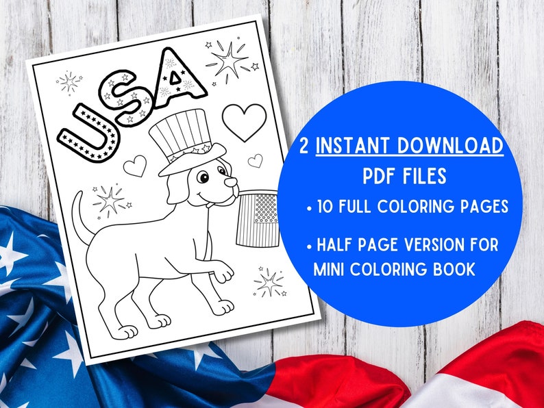 Op de afbeelding: Een zwart-witte kleurplaat met een hond die een hoed met sterren en strepen draagt en een kleine Amerikaanse vlag vasthoudt. Het woord "USA" staat in grote letters bovenaan de pagina. De pagina is omringd door een houten achtergrond en een rood-wit-blauwe Amerikaanse vlag.