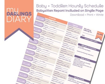 Baby & Toddler Hourly Schedule + Baby Sitter Report, Printable, Instant Download, PDF