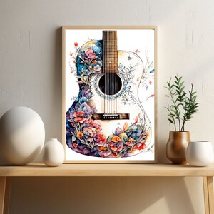 Harmony in Bloom - Acoustic Guitar with Floral Accents Digital Wall Art Prints