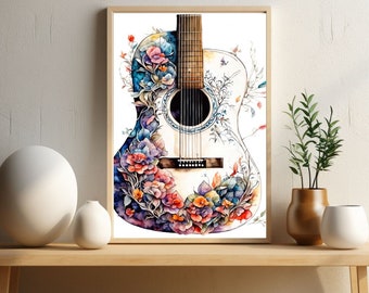 Harmony in Bloom - Acoustic Guitar with Floral Accents Digital Wall Art Prints