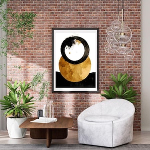 Black and Gold Abstract Circles Digital Wall Art Print, Modern Geometric Minimalist Home Decor, Instant Download, Printable Artwork
