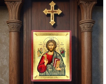 Jesus Christ Pantocrator Icon 7.5 X 5.9 inch Gold Engraved Wood