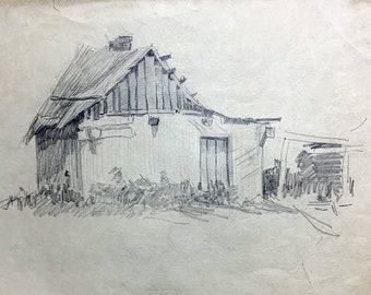 VINTAGE Original PENCIL Drawing / Old Barn / Village Barn