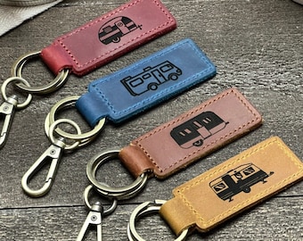 Happy Camper Leather Keychain, Camping Keychain, Camper Gift, RV Gifts, RV Keychain, Travel Trailer Retro Camper Key, Airstream Gift