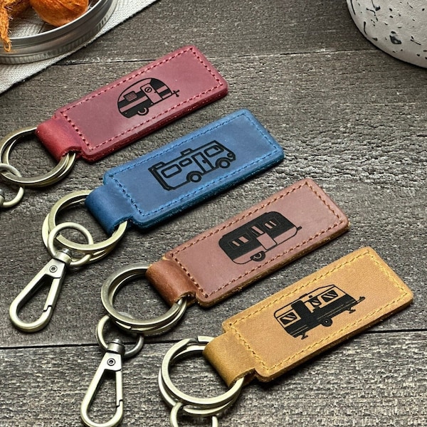 Happy Camper Leather Keychain, Camping Key chain, Camper Gift, RV Gifts, RV Keychain, Travel Trailer Retro Camper Key, Airstream Gift