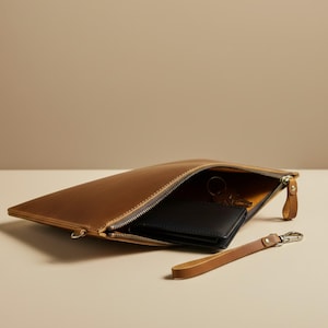 Leather Zipper Clutch Bag, Mens Leather Wristlet Pouch, Full Grain Leather Clutch, Leather Document Bag, Gift for Him, Minimalist Bag