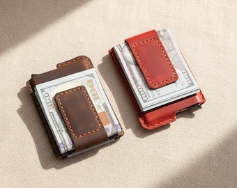 Personalized Leather Card Holder, Magnetic Money Clip Wallet, Custom Engraved Mens Wallet, Slim Leather Wallet, Gift for Him