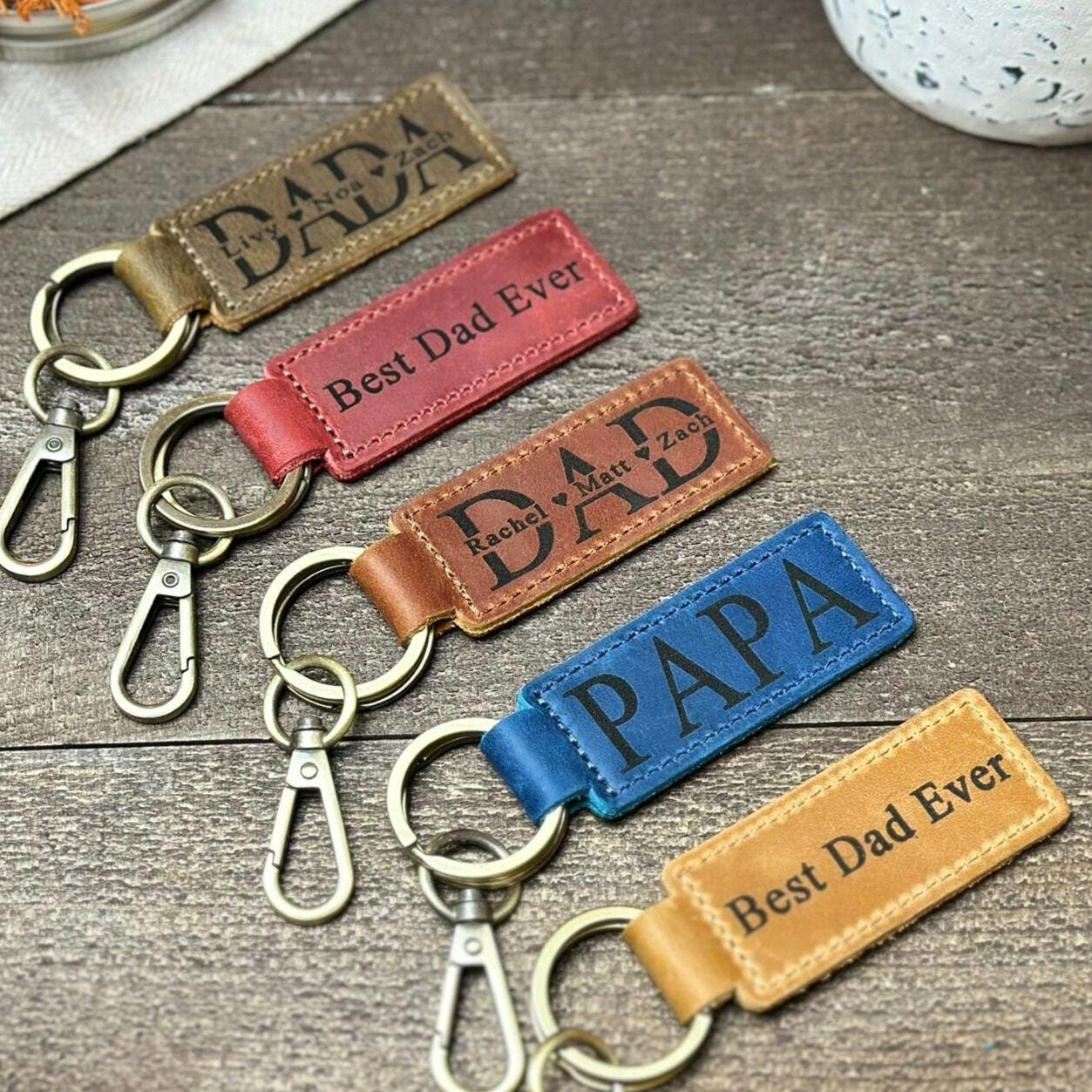 Personalized Leather Keychain, Engraved Papa Dad Gift, First