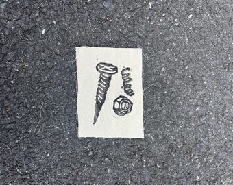 Handmade SPARE PARTS Patch: Upcycled Fabric, Hand-Printed