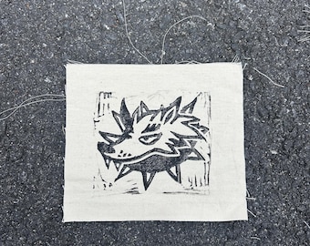 Handmade Wolf Patch: Hand-Printed Linocut Canvas Patch