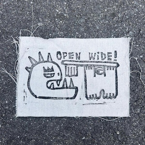OPEN WIDE! patch, handmade patch, handprinted patch canvas patch, linocut patch, linoblock patch, fabric patch