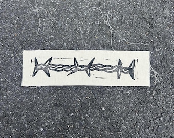 Handmade BARBED WIRE Patch: Hand-Printed Linocut Canvas Patch