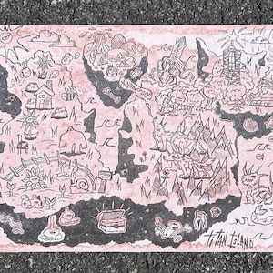 May include: A hand-drawn map of Titan Island with a pink and black color scheme. The map features various illustrations of creatures, landmarks, and a treasure chest. The text "Titan Island" is written at the bottom.