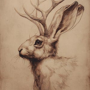 May include: A sepia-toned illustration of a jackalope, a mythical creature with the body of a rabbit and antlers. The artwork features detailed linework, showcasing the animal's fur and facial features. The jackalope is depicted in profile.