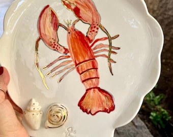 Handgeschilderd porseleinen bord met gouden details, kreeftenbord, unieke keramische schaal