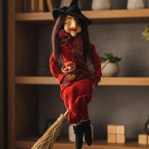 Handmade Polymer Clay Witch Doll with Broomstick, Fashion Designer Doll Style