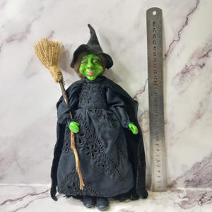 Elphaba Kitchen Buy Doll the Wicked Witch of the West for home Decor Fairy green Witch Figurine with broom Polymer clay doll Gift Handmade