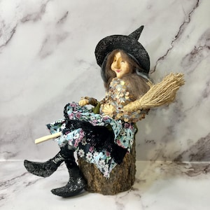 Good luck Kitchen Witch Doll for home Decor Fairy Witch Figurine with broom in a hat Polymer clay doll Interior Gift Handmade, Halloween