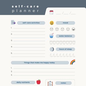 May include: A self-care planner with sections for self-care activities, mood tracking, water balance, sleep hours, and daily nutrients. Includes space for notes and a list of things that make you happy. Features a rainbow and apple graphic.